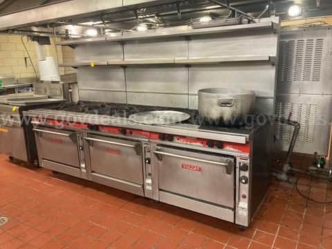 Vulcan Range - triple-wide - each has 4 burners, oven, and overhead shelf