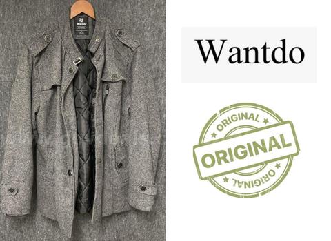 Original Wantdo Men's Wool Blend Jacket Gray Herringbone Quilted Lined Pea Coat XL