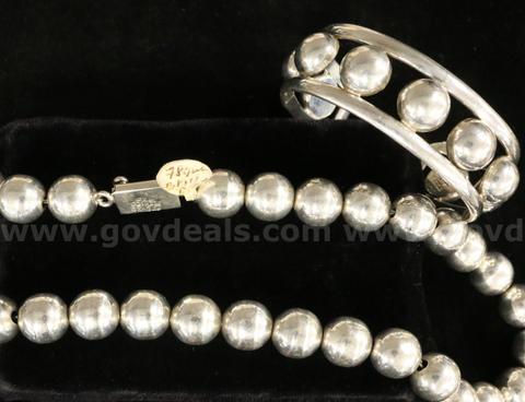 Sterling Silver Bead Design Necklace & Cuff Bracelet Set, 121.3 Grams