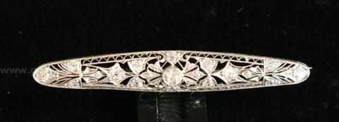 Platinum Filigree Design Pin/Brooch With Diamonds, 4.7 Grams