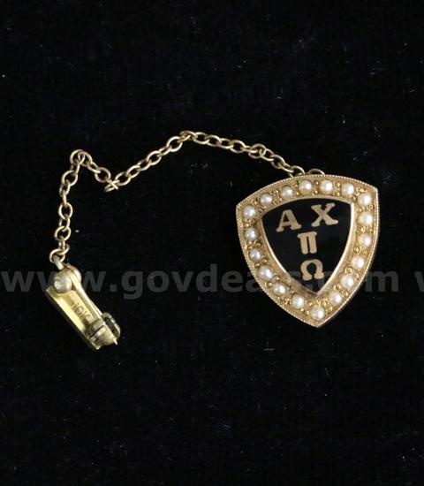 10K Yellow Gold  Alpha Chi Pi Omega Pin W/Seed Pearls, 4.2 Grams