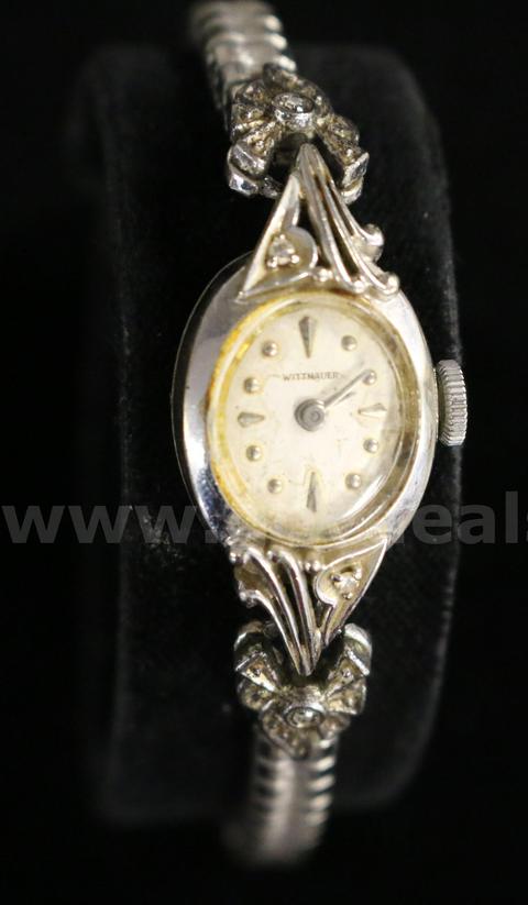 Ladies Wittnauer 17 Jewel 14K White Gold Case & Back Stainless Steel Band