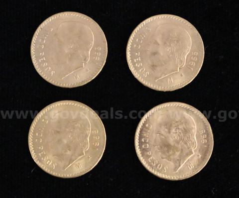 4-1955 Mexico Gold Cinco (5) Peso Coins, 16.4 Grams