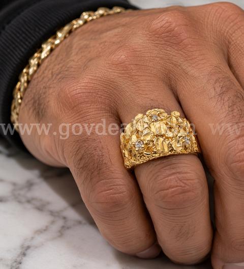 Size 8 Menβs Diamond Cut Nugget Ring W/CZ 24K Real Gold Plated