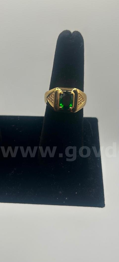 Size 6.5, Unisex, Emerald CZ W/Diamond Cut Ring.24K Real Gold Plated