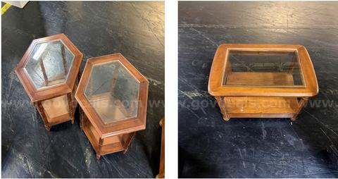 Glass Top End Tables Antique Wooden Frame