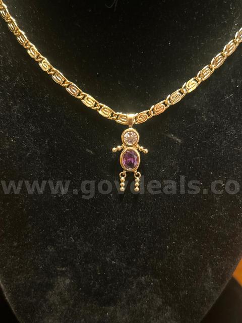 24” Byzantine Chain W/ Amethyst CZ Little Boy Pendant. 24k Real Gold Filled