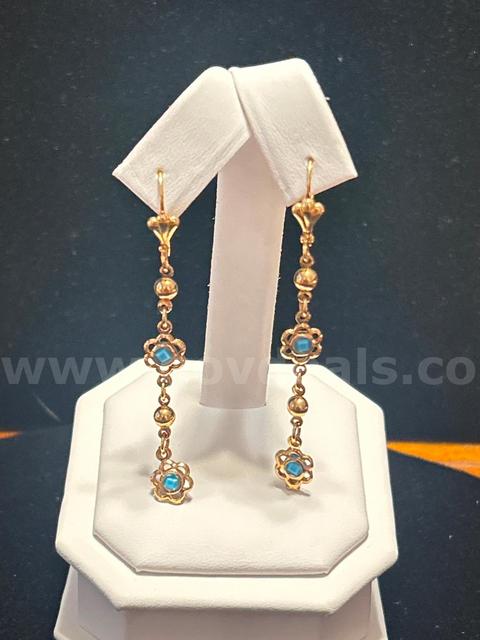 Rose Look, Dangling Drop , Turquoise CZ  Earrings 24K Real Gold Plated