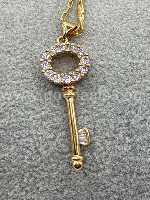 CZ Key Charm w/24” Dainty Necklace. 24K Real Gold Plated