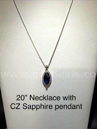 Rhodium Clad (Silver), 20 Inch, Box Link Necklace, W/CZ Blue Sapphire Pendant