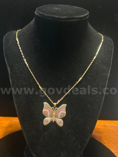 24k Real Gold Plated. Large butterfly CZ Charm w/24" Necklace. FREE SHIPPING W/ BUY IT NOW!