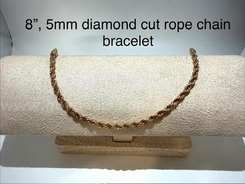 Beautiful, Real 24k Gold Filled, 8 Inch, 5MM, Diamond Cut Rope Bracelet
