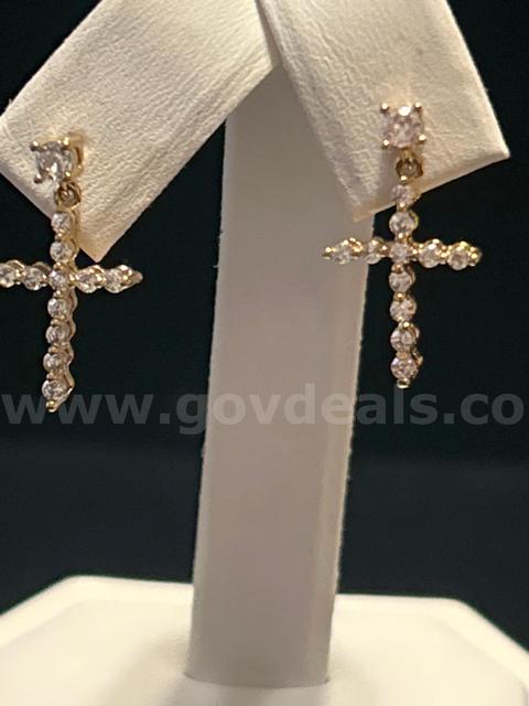 Gorgeous, Hanging Cross, CZ, Earrings 24K Real Gold Filled