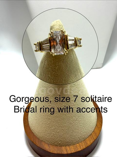 Stunning, Size 7, CZ Solitaire, Brilliant Ring W/Accents, Real 24k Gold Filled