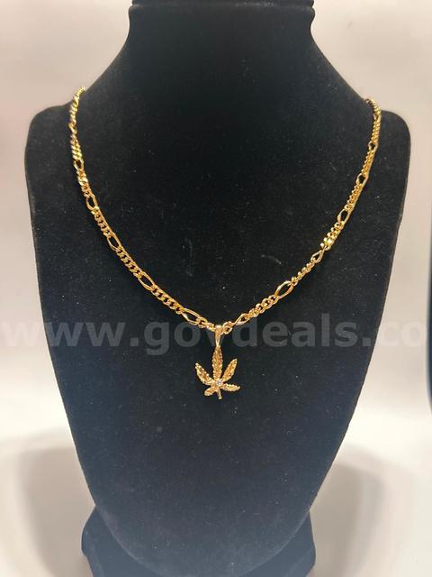 24”, Small Figaro Chain Necklace W/ Small CZ Hemp Leaf Pendant, Real 24K Gold Filled.
