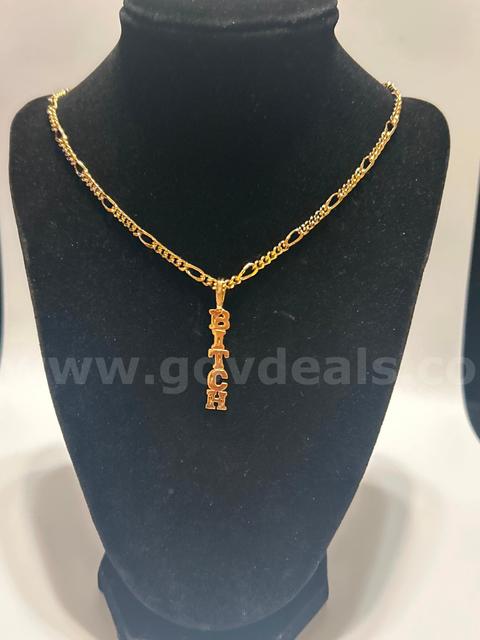 24”,Small Figaro Chain Necklace W/ “Bitch” Pendant, 24K Real Gold Filled.
