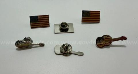 Set of (6), USA Flag/Guitar Enamel Pins/Tie Tac. Real 24k Gold Plated