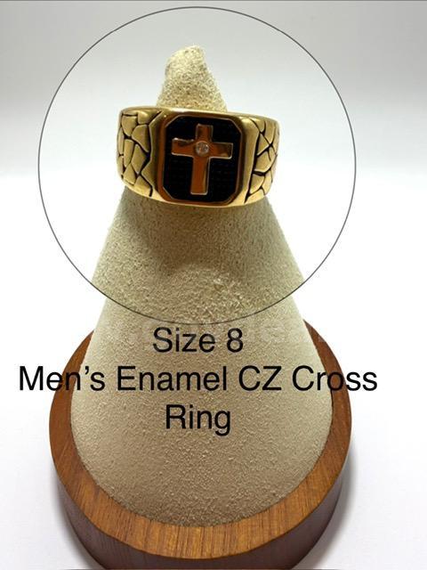 Beautiful, Men's, Size 8, CZ Cross Enamel Ring, 24k Real Gold Filled