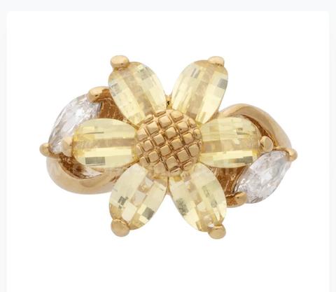 Size 6.5 Ladies, CZ Sunflower Ring, 24K Gold Filled.