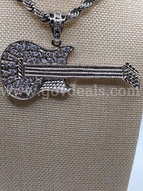 6mm, 24”, French Rope, W/ XL CZ Guitar Rhodium Clad (Silver) FREE SHIPPING W/BUY NOW