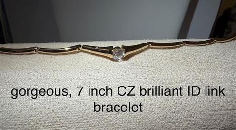 Gorgeous, 7 Inch, CZ Brilliant Solitaire ID Link Bracelet, 24k Real Gold Filled