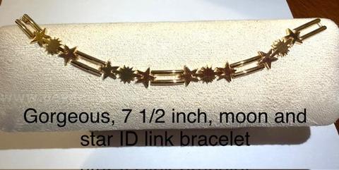 Gorgeous, Ladies, 7 1/2 Inch, Moon & Star ID Link Bracelet, 24k Real Gold Filled