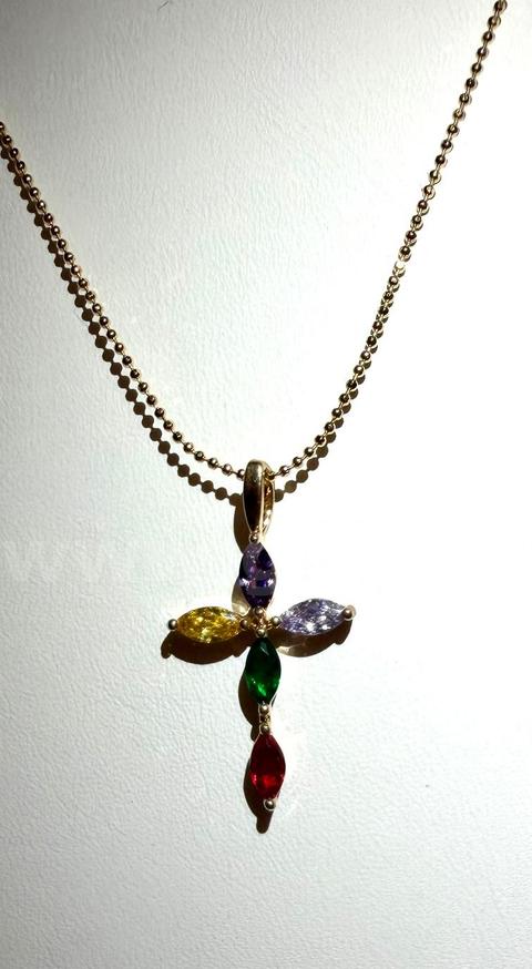 Beautiful, 22 Inch, Beaded Necklace, W/CZ Colored Stone Cross, 24k Real Gold Filled