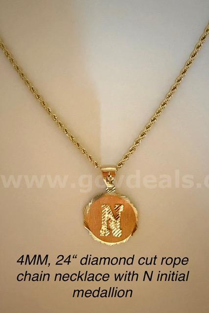 Gorgeous, 24", 4MM, Diamond Cut Rope Chain Necklace, W/"N" Initial Medallion, 24k Real Gold Filled