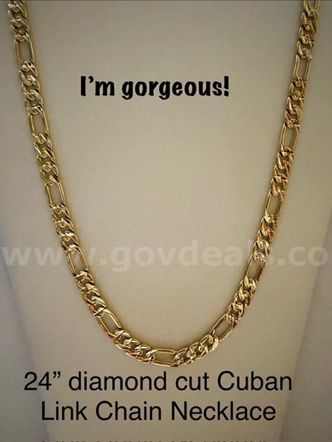 Gorgeous, 24 Inch, Diamond Cut Italian Figaro, Chain Necklace, 24k Real Gold Filled