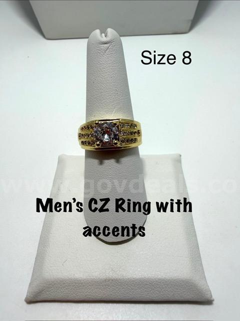 Gorgeous, Men's, Size 8, CZ Solitaire Ring W/Accents, Real 24k Gold Filled
