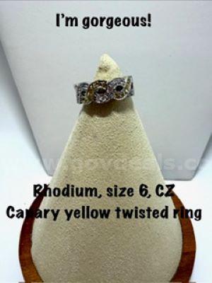 Beautiful, Rhodium Clad (Silver), Size 6, CZ Canary Yellow, Twisted Ring