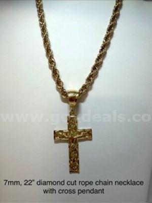 Gorgeous, 7MM,  24 " Diamond Cut Rope Chain Necklace w/Cross Pendant, 24k Real Gold Filled