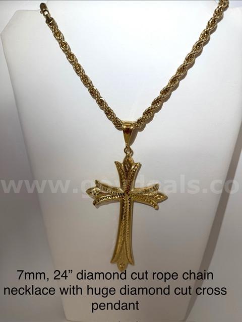 Large, 7MM, 24”, Diamond Cut Rope Chain, w/Cross Pendant, 24k Real Gold Filled