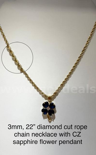 3MM, 22β, Diamond Cut Rope Chain Necklace w/CZ Sapphire Flower Pendant, Real 24k Gold Filled