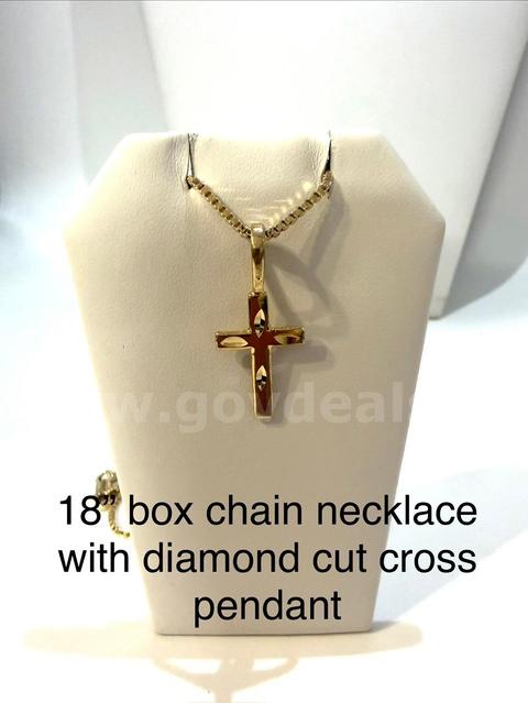 18 Inch, Box Chain Necklace, W/Diamond Cut Cross Pendant, Real 24k Gold Filled