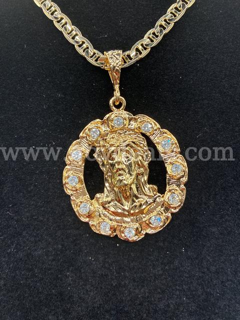 24” Gucci Link Necklace W Large Jesus CZ Necklace 24K Real Gold Filled.