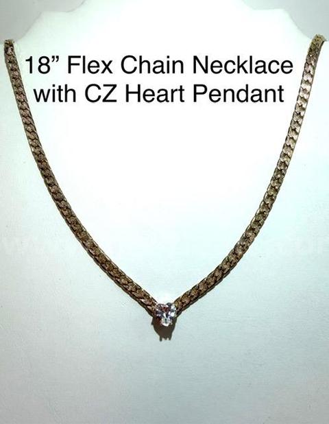 Gorgeous, 18 Inch, Flex Chain Necklace, W/2 Carat, CZ Heart Pendant Real 24k Gold Filled