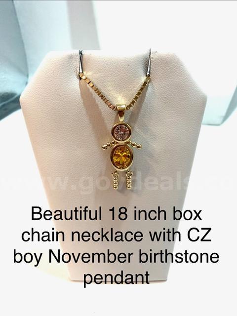 18 Inch, Box Chain Necklace, W/November, CZ Boy, Birthstone Pendant, Real 24k Gold Filled