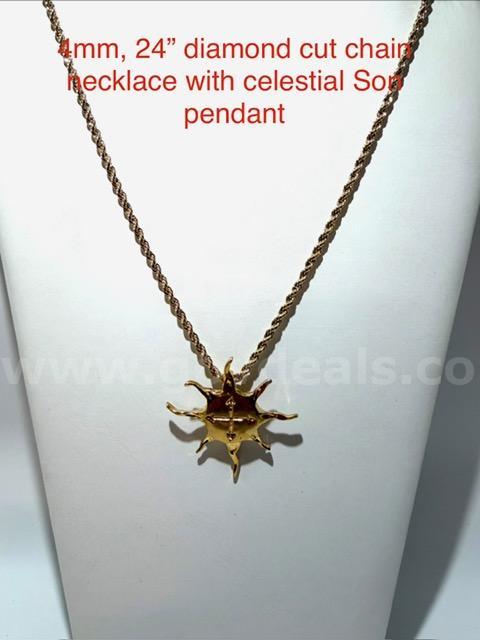 Gorgeous, 4MM, 24 inch, Diamond Cut Rope Chain Necklace, W/Celestial Son Pendant, Real 24k Gold Filled