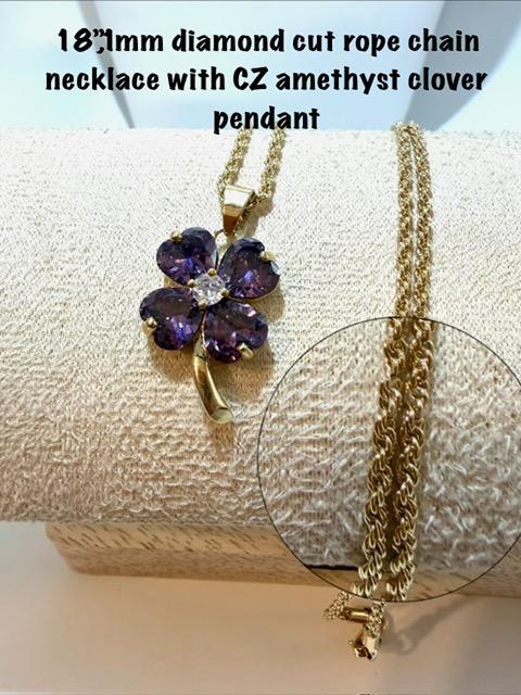 Gorgeous, 1MM, 18β, Diamond Cut Rope Chain Necklace, W/CZ, Amethyst Clover Pendant, Real 24k Gold Filled