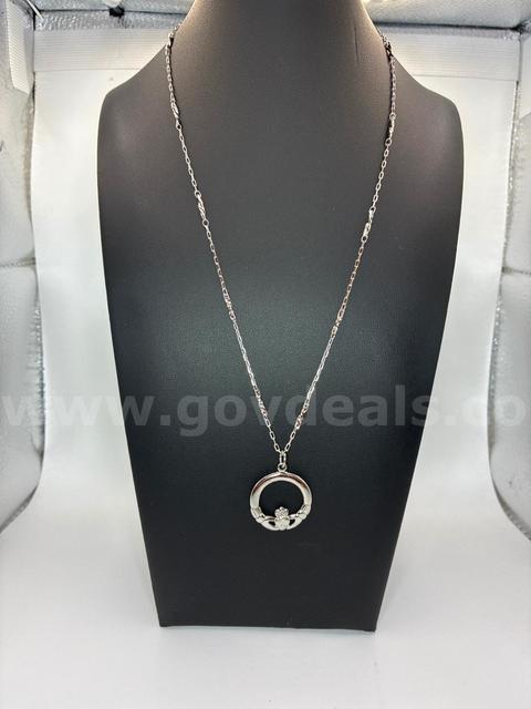 Beautiful Rhodium Clad (Silver), 20” Dainty Rolo  Necklace W/Claddagh Pendant