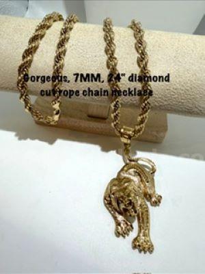 Beautiful, 7MM, 24 Inch, Real 24k Gold Filled, Diamond Cut Rope Chain, W/Cougar Pendant
