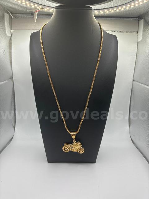 22” Box Chain Necklace W/ Motorcycle Pendant, 24K Gold Filled.