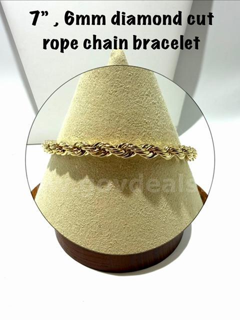 Beautiful, 7 Inch, 6MM, Real 24k Gold Filled, Diamond Cut Rope Chain Bracelet