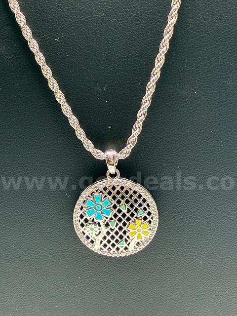 Beautiful, 1MM, Rhodium Clad (Silver), 21Inch, Diamond Cut Rope Chain W/ Floral