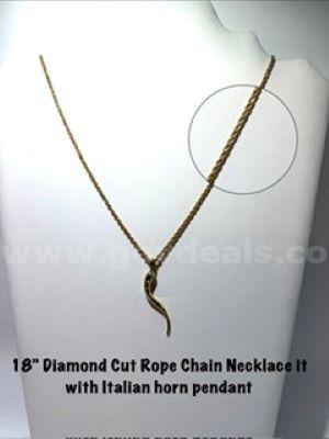 Beautiful, 1MM, 18 Inch, Real 24k Gold Filled, Diamond Cut Rope Chain W/Italian Horn Pendant