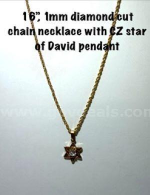 1MM, 16", Real 24k Gold Filled, Diamond Cut Rope Chain, W/CZ, Star of David Pendant
