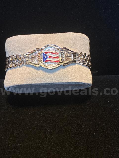 Gorgeous, Rhodium Clad (Silver), Menβs Puerto Rican Flag Double Curb-Link ID Bracelet.