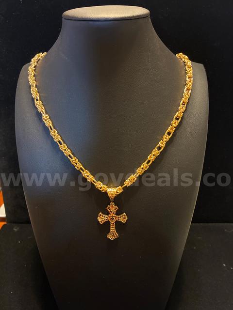 Gorgeous, 22β, Byzantine Chain with Filigree Heart Cross Pendant, 24K Real Gold Plated.