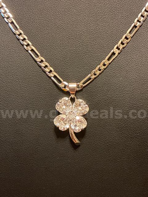 Lucky, Rhodium Clad (Silver) Four-Leaf Clover April Birthstone W/ 24” Necklace